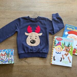 🎄 HOLIDAY BUNDLE • Navy Blue Reindeer Sweatshirt + Coloring Books & a Puzzle